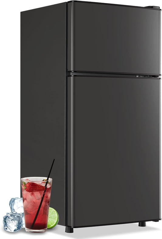 Mini Fridge with Top Freezer Apartment Size Dual Door Compact Small Refrigerator for Personal Use Small Mini Fridge with Egg tray, 7 Temperature Control For Dorm, Apatmet, Dark Grey