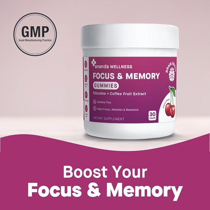 Ananda Wellness Focus & Memory Gummies with Citicoline and Coffee Fruit Extract, Sugar Free Brain Health Supplement, No Artificial Colors, Flavors or Preservatives - 30 Count