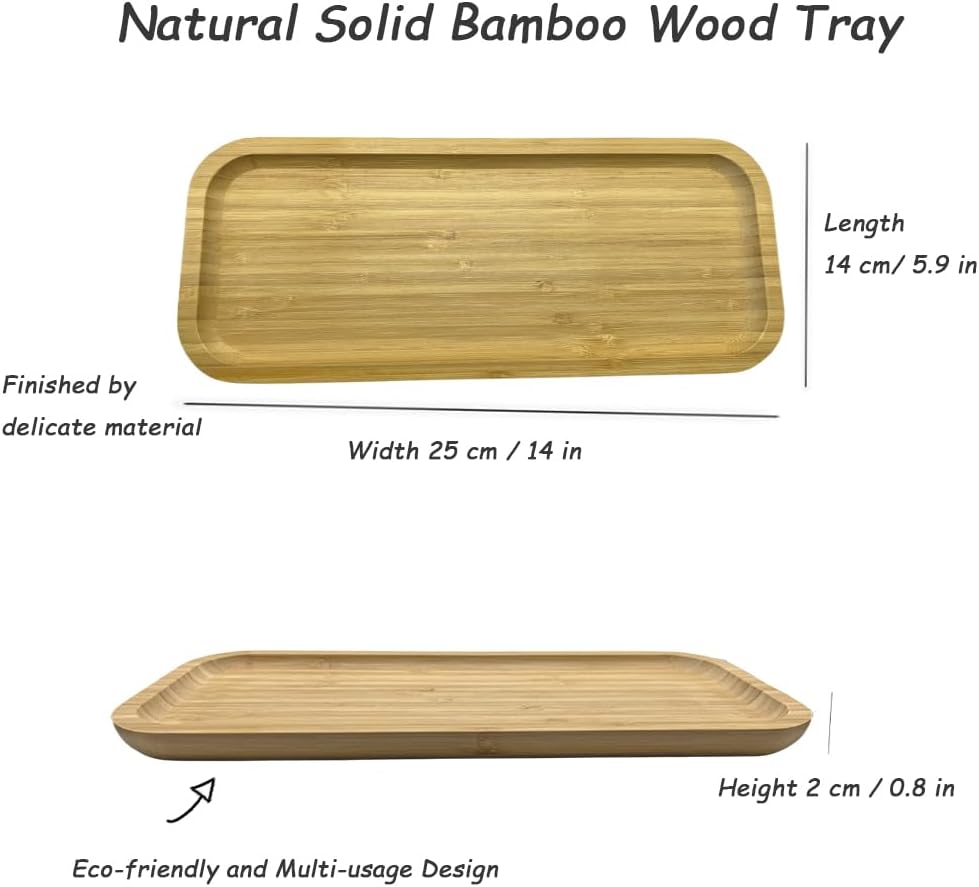 Wood Vanity Tray, Bathroom Counter Solid Bamboo Organizer, Toilet Tank Top Wooden Serving Plate for Dinner Tea Coffee (Natural Bamboo Color, 14 x 5.9 inch)