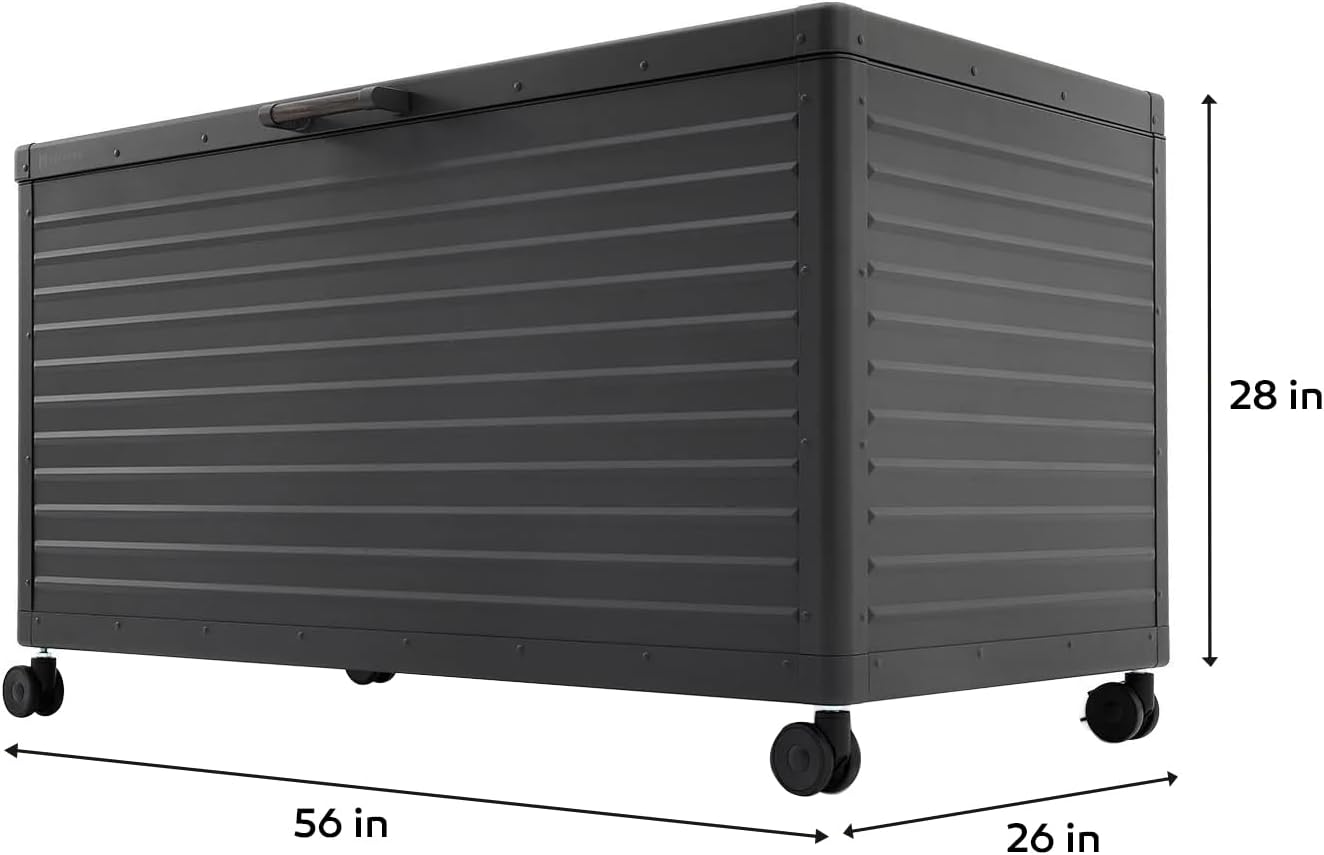 MIRADOR 175 Gallon Outdoor Storage Box Waterproof, Metal Deck Box with wheels for Patio Furniture, Garden Tools, Outdoor Cushion, Charcoal