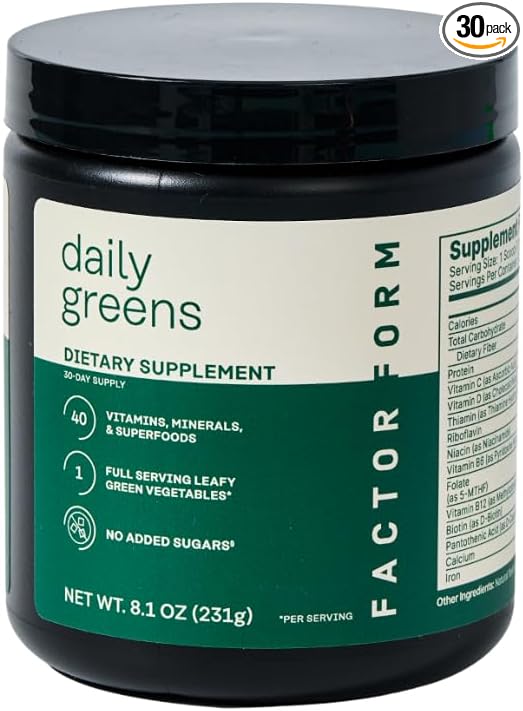 FACTOR FORM Daily Greens Superfood Powder | 5 Functional Blends for Gut Health, Energy & Immunity | Prebiotics, Probiotics, Adaptogens, B Vitamins (30 Servings, Jar)
