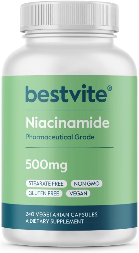 BESTVITE Filler-Free Niacinamide 500mg (240 Vegetarian Capsules) - Flush Free Vitamin B3- No Stearates - Vegan - Non GMO - Gluten Free