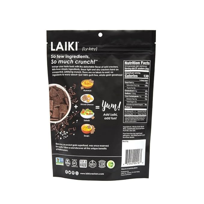 Gluten Free Rice Crackers - Seed-Oil Free - Snacks - Low Sodium Crackers Crunch - Allergen-Friendly , Vegan, Non-GMO Verified, FODMAP Friendly, Black Rice Simply Sea Salt flavor - 3.53 Oz Bag (Pack of 8)
