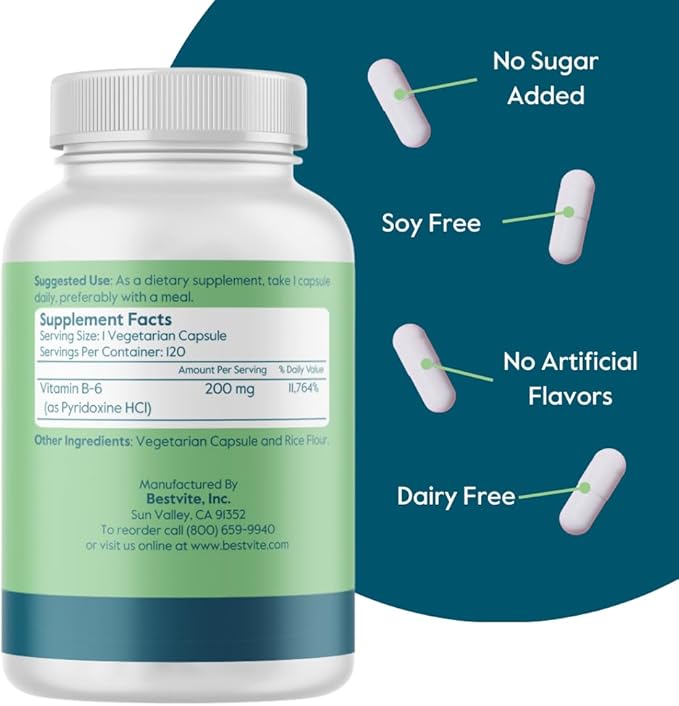 BESTVITE Vitamin B-6 200mg (120 Vegetarian Capsules) - No Stearates - No Flow Agents - Vegan - Non GMO - Gluten Free