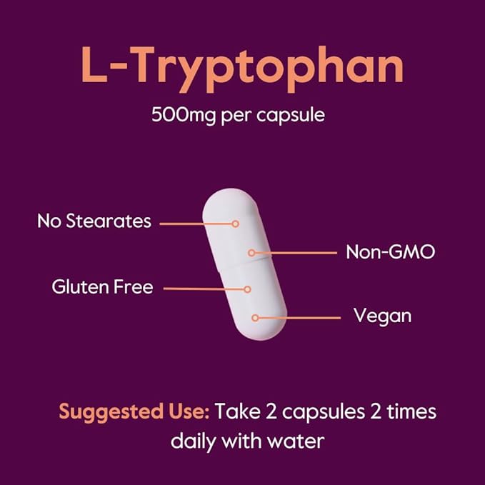 BESTVITE L-Tryptophan 500mg per Capsule (240 Vegetarian Capsules) (2-Pack) - No Stearates - No Silica - No Gelatin - Vegan - Gluten Free - Non GMO