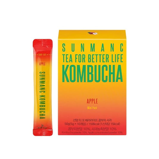SUNMANC Kombucha 10 packets, Sparkling Probiotic Fermented Drink, Convenient Powdered Drink Mix, Tea Powder, Low Calories, Sugar 0g, Low Caffeine (Apple)