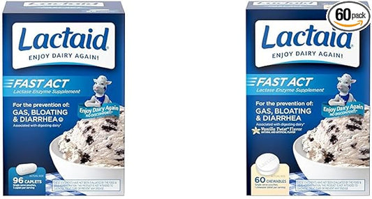 Lactaid Fast Act Lactose Intolerance Relief Caplets with Lactase Enzyme, 96 Count & Fast Act Lactose Intolerance Chewables with Lactase Enzymes, Vanilla, 60 Count (Pack of 1)