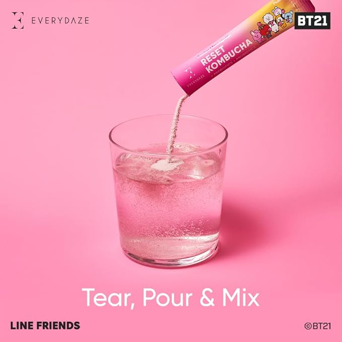 Everydaze BT21 Reset Kombucha Tea Powdered Beverage Mix | 10 Sticks | Prebiotics + Probiotics | Vegan | No Added Sugar, Gluten Free, Sparkling Powder Drink Pack (Peach)