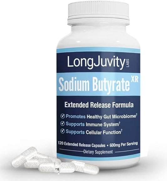 LongJuvity Sodium Butyrate Supplement (300mg) - Naturally Sourced Postbiotic - Optimal Gut Health & Leaky Gut Repair - Postbiotic Short Chain Fatty Acid, Lab Tested (120 Extended Release Caps)