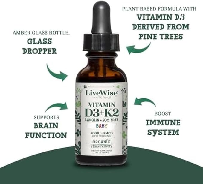 LiveWise Naturals Baby Vitamin D3-K2 Liquid Supplement, Vitamin Drops for Infants and Toddlers, for Healthy Growth, Development and Daily Wellness, Easy-to-Use Dropper in Glass Bottle, 1 Fl Oz