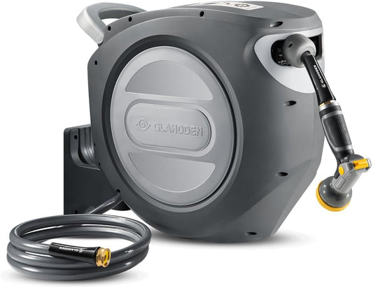 GLAHODEN Retractable Garden Hose Reel 1/2 in x 130 ft Upgraded UV Resistant Heavy Duty Automatic Hose Reel Wall Mount 3/4 in Brass Fitting 9 Pattern Nozzle Any Length Lock Slow Retraction