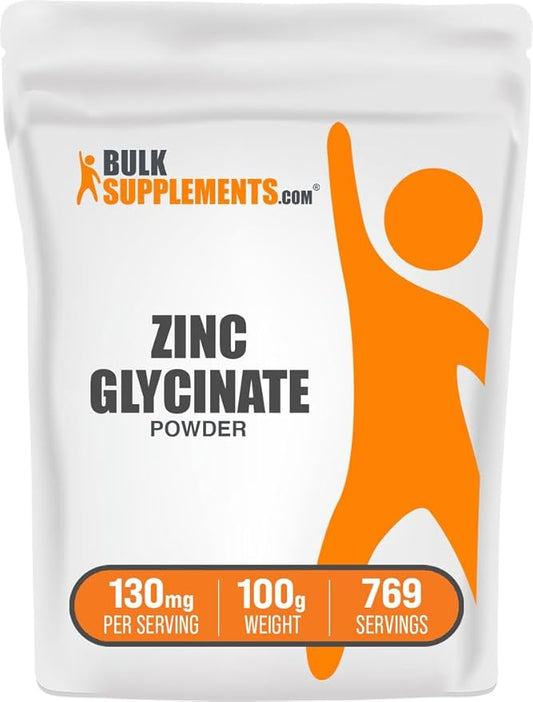BulkSupplements.com Zinc Glycinate Powder - Zinc Supplement, Mineral Supplement for Immune Support - Gluten Free, 130mg per Serving, 100g (3.5 oz) (Pack of 1)