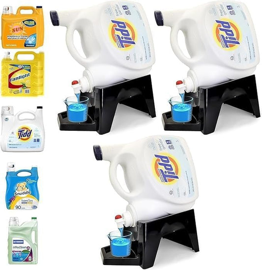 TidyFriend 3 Pack Laundry Detergent Dispenser with Tray, Laundry Soap Dispenser with Non-Slip Rubber Feet for Washing Room Organization, Easy Pour (Black)