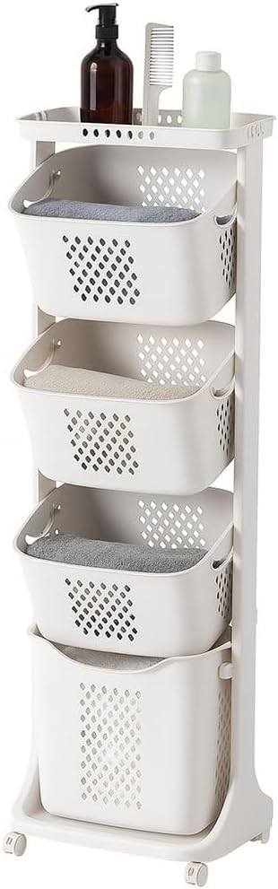 4-Tier Rolling Laundry Hamper Cart with Wheels & Removable Baskets – Tall Laundry Sorter Storage Organizer for Clothes, Bathroom, Bedroom – Free Standing Slim Laundry Basket Rack