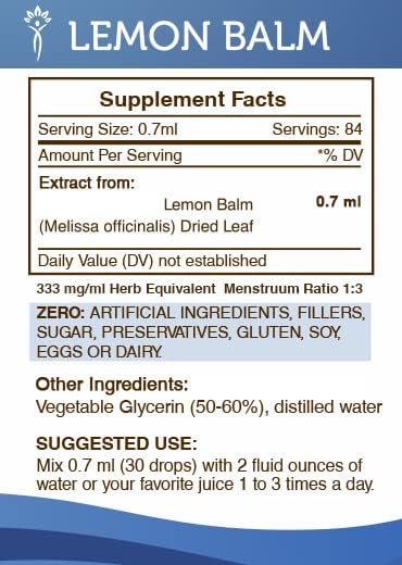 Secrets of the Tribe Lemon Balm Alcohol-Free Liquid Extract, Lemon Balm (Melissa officinalis) Tincture Supplement (2 FL OZ)