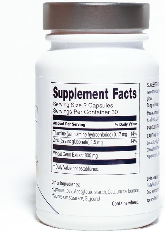 LONGEVITY LABS + spermidineLIFE Natural Supplement, Non-Synthetic Plant-Based Wheat Germ Extract with High Spermidine & Zinc for Cell Renewal, Vegan, for Women & Men, 60 Capsules