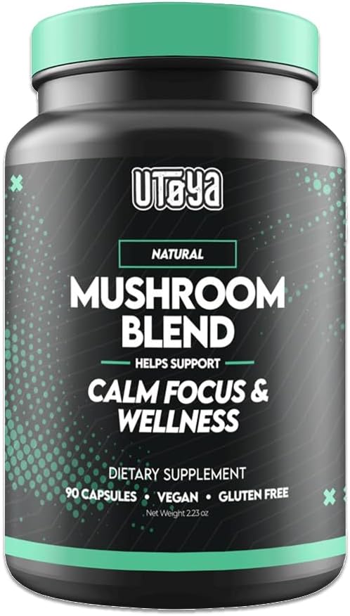 UTOYA Natural Mushroom Blend Supplements - Lions Mane Supplement Capsules with Reishi, Cordyceps, More for Calm, Focus and Wellness - Non-GMO Vegan/Gluten Free Multi Mushroom Supplement - 90 Capsules