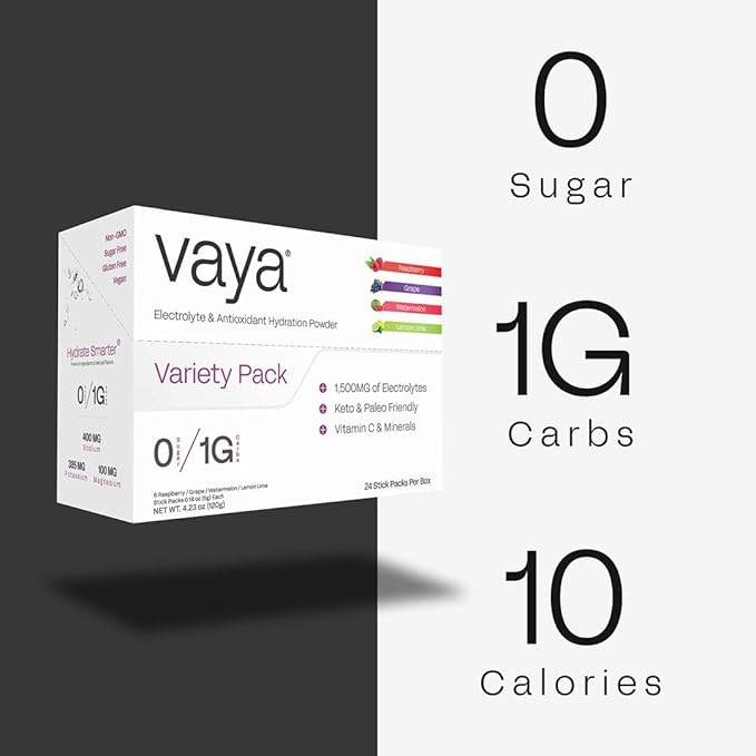 Vaya Sugar Free Electrolyte Powder – 24 Stick Pack Variety – 1,500mg Electrolytes + Vitamin C & Zinc – Keto Hydration Drink Mix – Raspberry, Grape, Lemon Lime, Watermelon