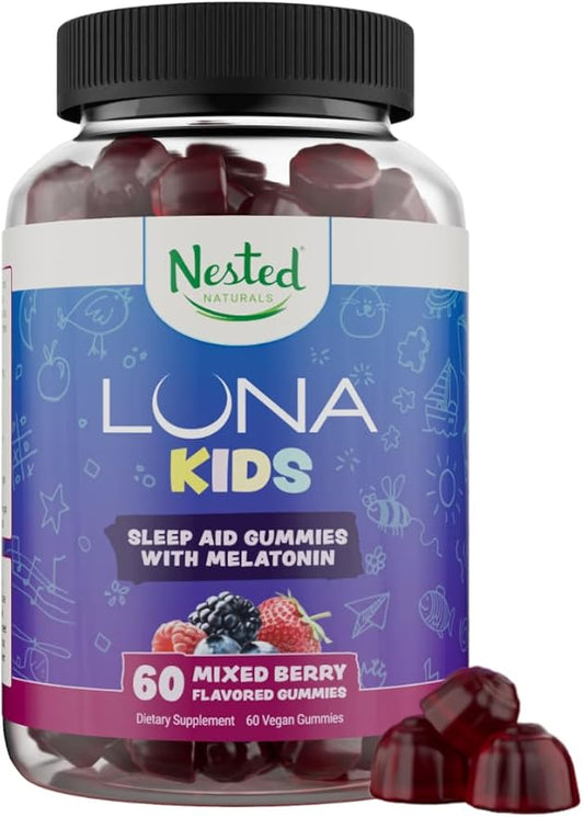 Nested Naturals Luna Kids Sleep Gummies - Non-Habit Forming Kids Melatonin Gummy with Valerian Root, Chamomile, and Lemon Balm - Children's Melatonin Sleep Aid - Mixed Berry, 60 Vegan Gummies