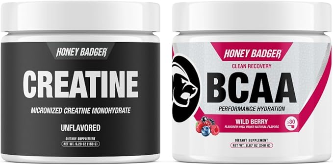 Honey Badger BCAA + EAA Powder | Micronized Creatine Monohydrate | Muscle Growth & Recovery | Natural Recovery for Men & Women | Sugar Free & Paleo | 30 Servings