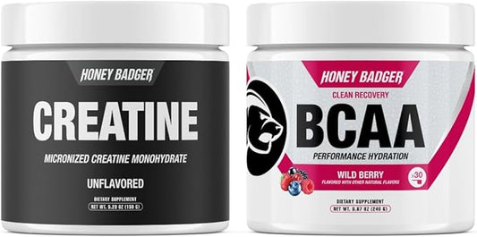 Honey Badger BCAA + EAA Powder | Micronized Creatine Monohydrate | Muscle Growth & Recovery | Natural Recovery for Men & Women | Sugar Free & Paleo | 30 Servings