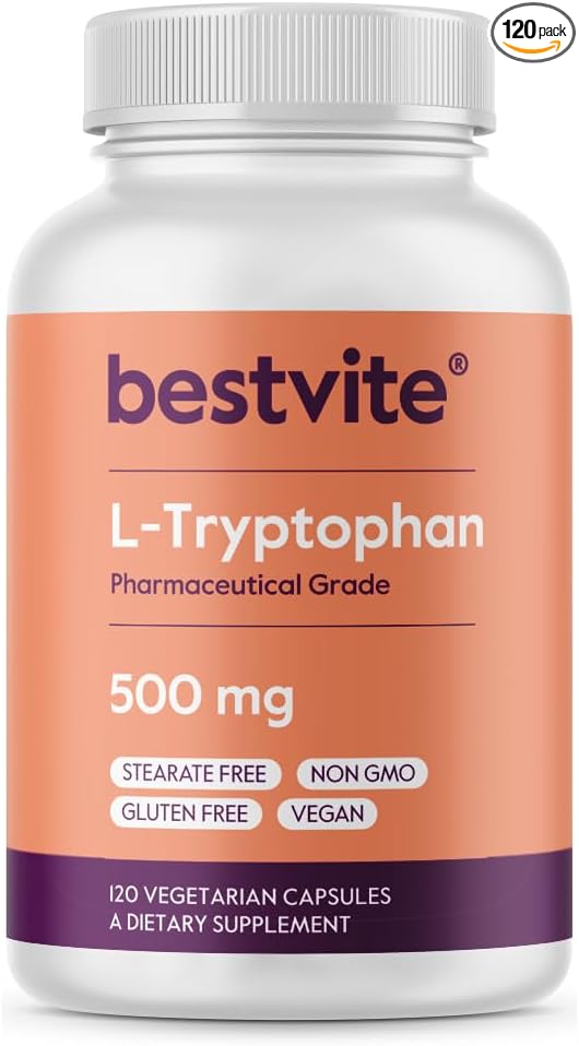 BESTVITE L-Tryptophan 500mg per Capsule (120 Vegetarian Capsules) - No Stearates - No Silica - No Gelatin - Vegan - Gluten Free - Non GMO