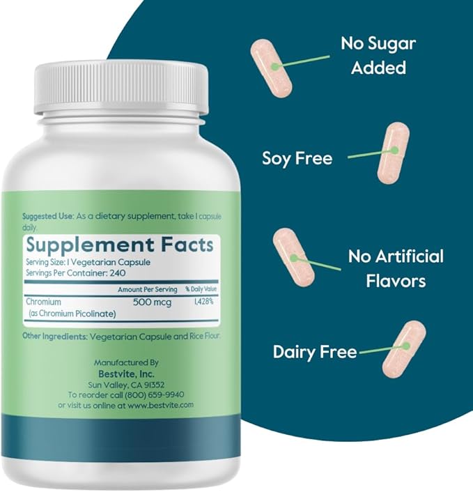 BESTVITE Chromium Picolinate 500mcg (240 Vegetarian Capsules) - No Stearates - No Dicalcium Phosphate - Vegan - Gluten Free - Non-GMO
