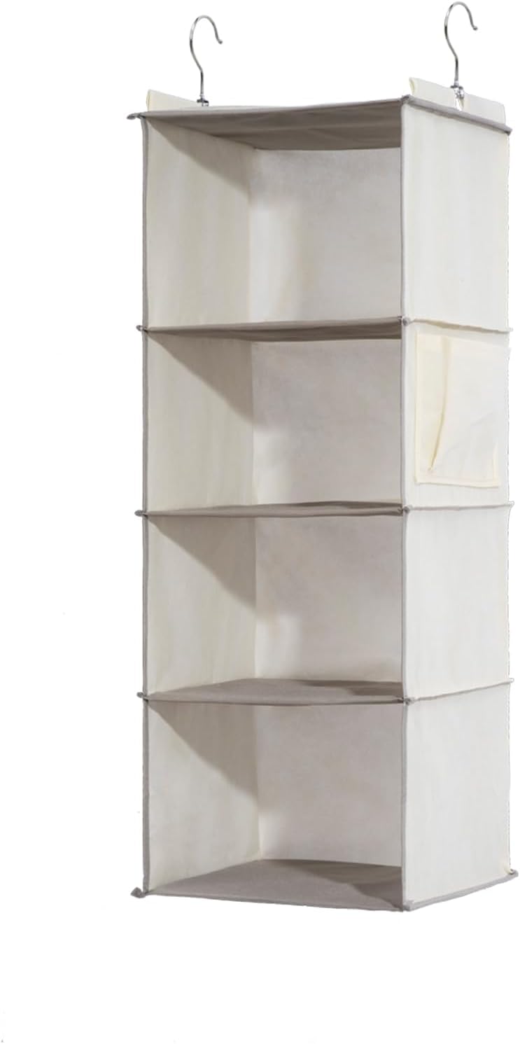 4-Shelf Hanging Closet Organizer and Storage, Collapsible Hanging Shelves for Closet with 2 Side Pockets, Hanging Shoe Organizer to Saving Space,Beige