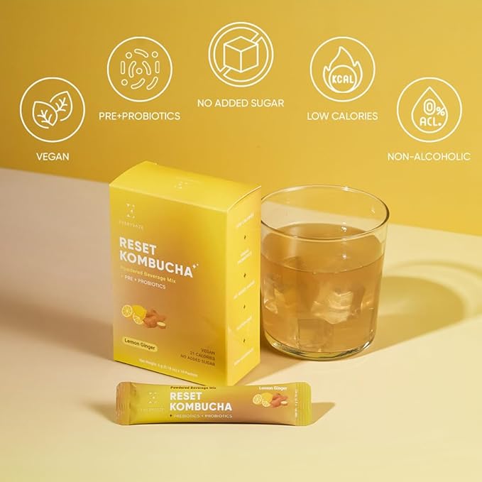 EVERYDAZE Reset Kombucha Tea Powdered Beverage Mix | 30 Pack (3 x 10ct) | Prebiotics + Probiotics | Vegan | No Added Sugar, Low Calorie, Gluten-Free, Sparkling Powder Drink (Lemon Ginger)