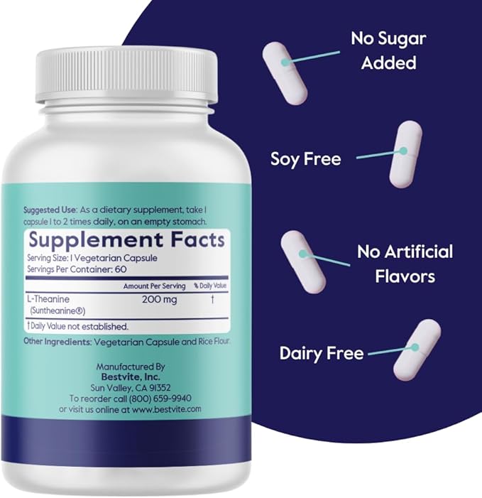 BESTVITE L-Theanine 200mg with Patented and Clinically Studied Suntheanine (60 Vegetarian Capsules) - No Stearates - Vegan - Non GMO - Gluten Free