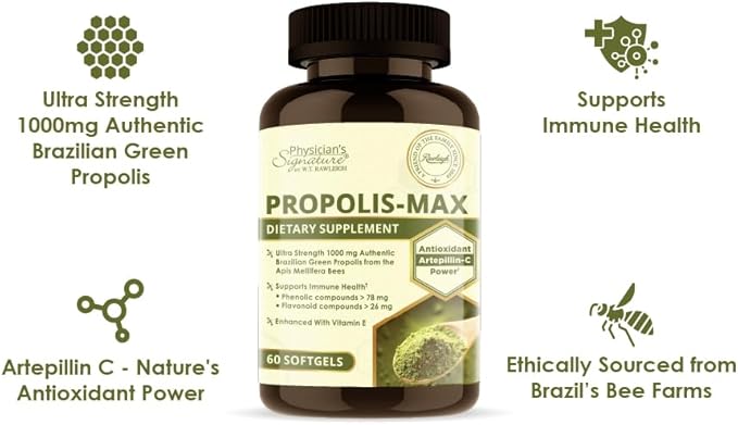 Rawleigh Propolis Max: 60 Vegetarian Softgels - Brazilian Green Propolis with Phenolic, Flavonoid & Artepillin C Compounds & Vitamin E - Supports Immunity, Wellness