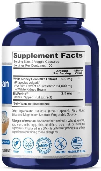 NusaPure White Kidney Beans 24,000mg per Serving - Bioperine - Extract 30:1 (Vegan, Non-GMO)