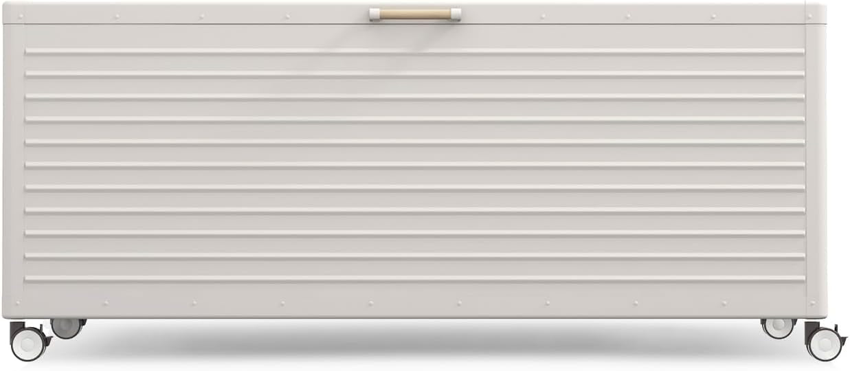 MIRADOR 281 Gallon Large Outdoor Metal Deck Box with Wheels, Storage Box with Lid for Patio Furniture, Garden Tools, Outdoor Cushion, Latte