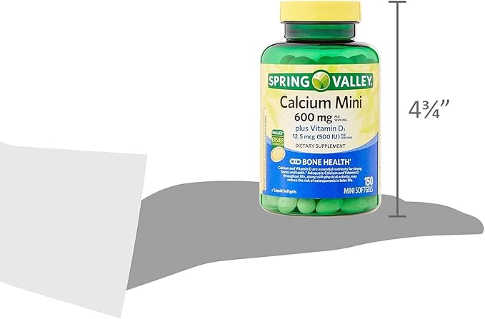 Spring Valley Calcium 600 mg Plus Vitamin D3 Dietary Supplement, 150 Mini Softgels | Small Calcium Pills Easy to Swallow | Calcium Softgels |