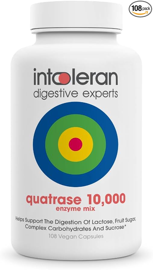 Quatrase Forte Digestive Enzymes - 108 Capsules | Highly Dosed Supplement for FODMAP Intolerance | Helps Digest Lactose and Complex Carbohydrates* | Pure & Vegan | Low FODMAP