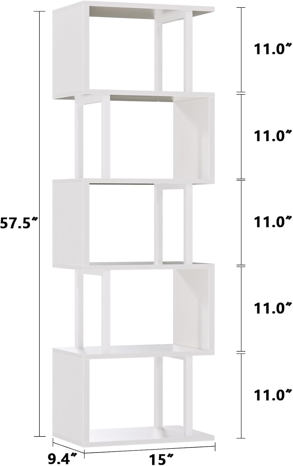 Furologee White Geometric Bookshelf 6 Tier S-Shaped Bookcase, Tall Modern Display Storage Shelf, Metal and Wood Decorative Freestanding Room Divider Shelves for Bedroom, Living Room, Office