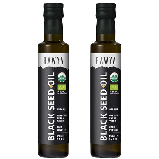 RAWYA Black Seed Oil - Organic Cold Pressed Nigella Sativa - Turkish Origin - USDA Organic - Natural Supplement - Black Cumin Seed Oil - Rich Flavor & High Concentration - 250ml Glass Bottle - 2 Pack