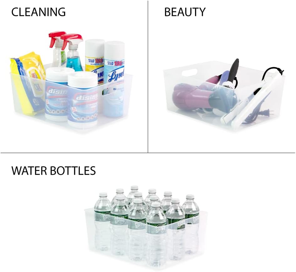 Isaac Jacobs 3-Pack XL Clear Storage Bin (13.9” x 10.6” x 5.75”) Set w/Cut-Out Handles, Plastic Organizer, Multi-Use, Home, Office, Pantry, Closet, Kitchen