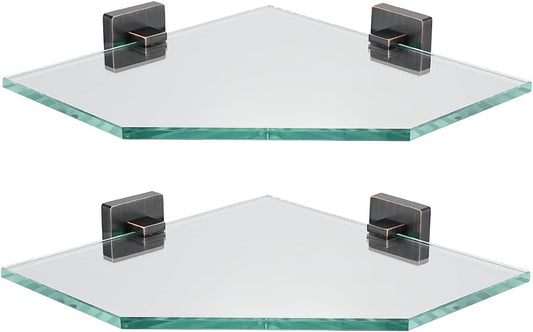 JQK Corner Glass Shelf, Oil Rubbed Bronze Bathroom 304 Stainless Steel Shower Triangle Floating Wall Shelf, 10 x 10 Tempered Glass, 2 Pack, TGS290L10-ORB-P2