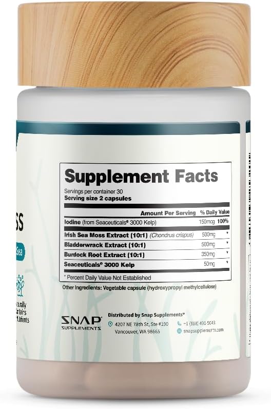 Snap Supplements Irish Sea Moss Capsules with Bladderwrack, Burdock Root & Iodine – Supports Energy, Immune Health, Digestion & Skin – 60 Capsules