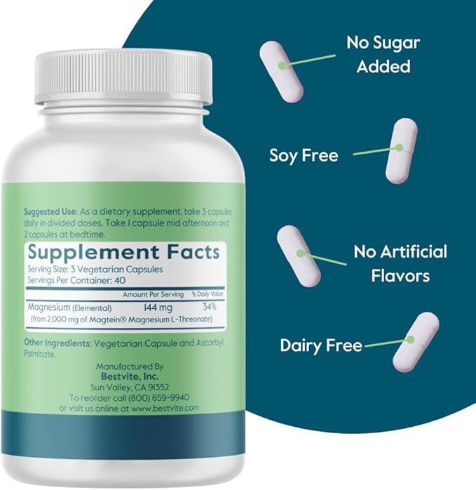 BESTVITE Magtein Magnesium L-Threonate Capsules - 2000mg per Serving (120 Vegetarian Capsules) - Patented and Bioavailable Magnesium - No Stearates - No Fillers - Vegan - Non GMO - Gluten Free