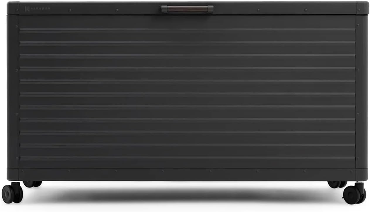 MIRADOR 175 Gallon Outdoor Storage Box Waterproof, Metal Deck Box with wheels for Patio Furniture, Garden Tools, Outdoor Cushion, Charcoal