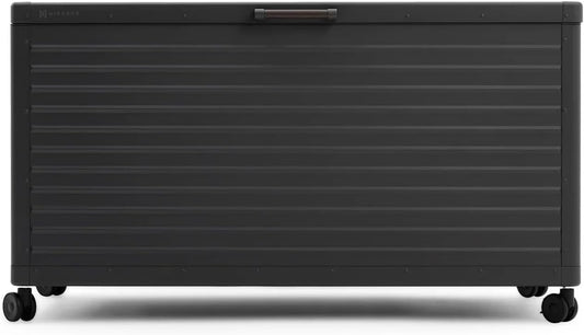 MIRADOR 175 Gallon Outdoor Storage Box Waterproof, Metal Deck Box with wheels for Patio Furniture, Garden Tools, Outdoor Cushion, Charcoal