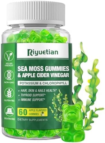 Sea Moss Gummies - 60 Count - Made with Natural Apple Flavor - Seamoss Supplement for Energy, Immune Support - Formulated Bladderwrack & Burdock Root - Vegan, Non-GMO Irish Moss Gummy