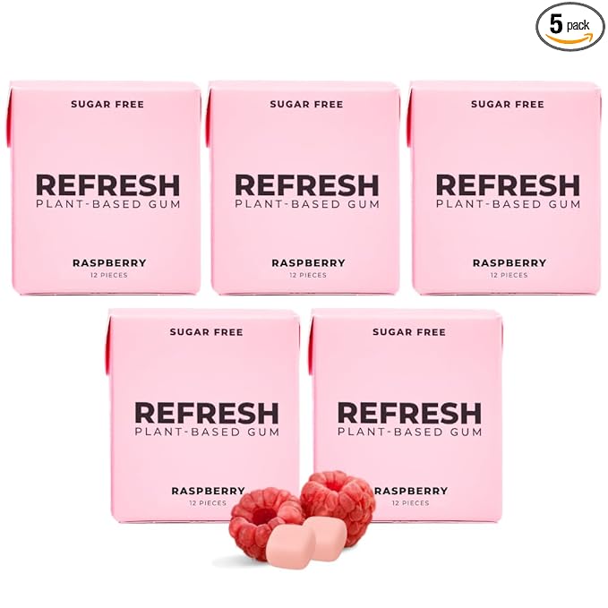 Refresh Gum, Xylitol, Natural, Sugar Free, Plastic Free, Aspartame Free, Natural Flavors & Organic Ingredients, Plant-Based, Low Calorie, Non GMO, Gluten Free, Vegan, Raspberry Flavor, 12 Pcs, 5 Pack