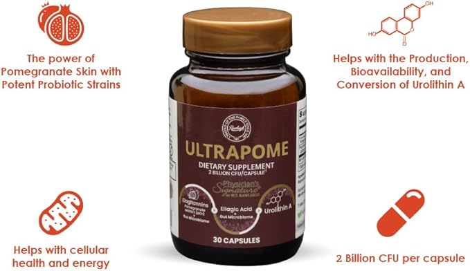 Rawleigh Ultrapome: 30 Capsules - Pomegranates + Live Cultures/Microbiome, Ellagitannins, Urolithin A Supplement for Cellular, Mitochondrial Health, Mitophagy, Energy Support, Vegetarians, GMO-Free