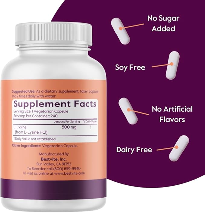 BESTVITE Filler-Free L-Lysine 500mg (240 Veg Capsules) - Vegan - No Stearates or Fillers - Non GMO - Gluten Free - No Dicalcium Phosphate - Amino Acid Supporting Skin, Lip & Immune Health*