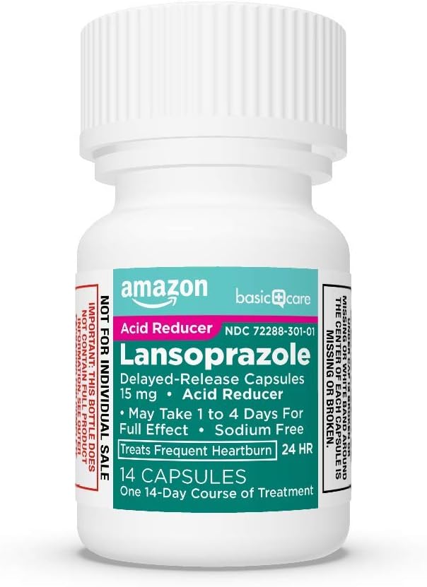 Amazon Basic Care Lansoprazole Delayed Release Capsules, 15 mg, Proton Pump Inhibitor, Acid Reducer, 24 Hour Heartburn Medicine, 42 Count Pack