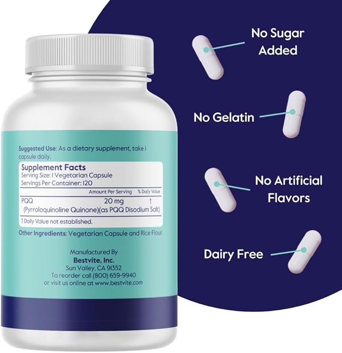BESTVITE PQQ 20mg (Pyrroloquinoline Quinone) (120 Vegetarian Capsules) - No Stearates - Vegan - Non GMO - Gluten Free