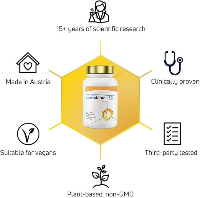 LONGEVITY LABS + spermidineLIFE Natural Supplement, Non-Synthetic Plant-Based Wheat Germ Extract with High Spermidine & Zinc for Cell Renewal, Vegan, for Women & Men, 60 Capsules